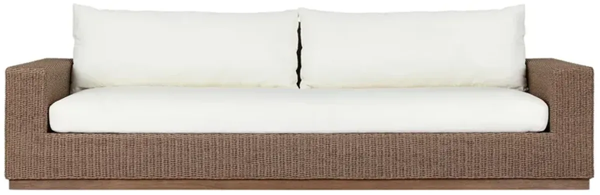 Rocio Coastal Beach White Upholstered Woven Wicker Teak Wood Outdoor Sofa - 104"