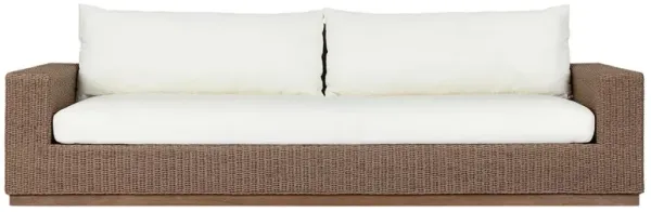 Rocio Coastal Beach White Upholstered Woven Wicker Teak Wood Outdoor Sofa - 104"