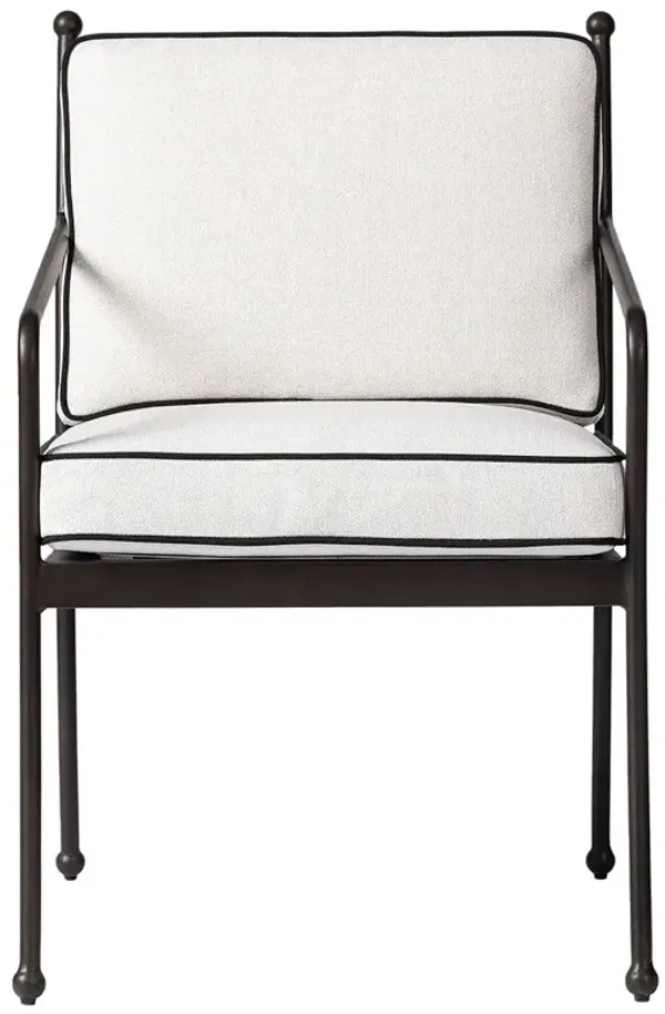 Gretchen French Country White Upholstered Black Welt Aluminum Outdoor Dining Arm Chair