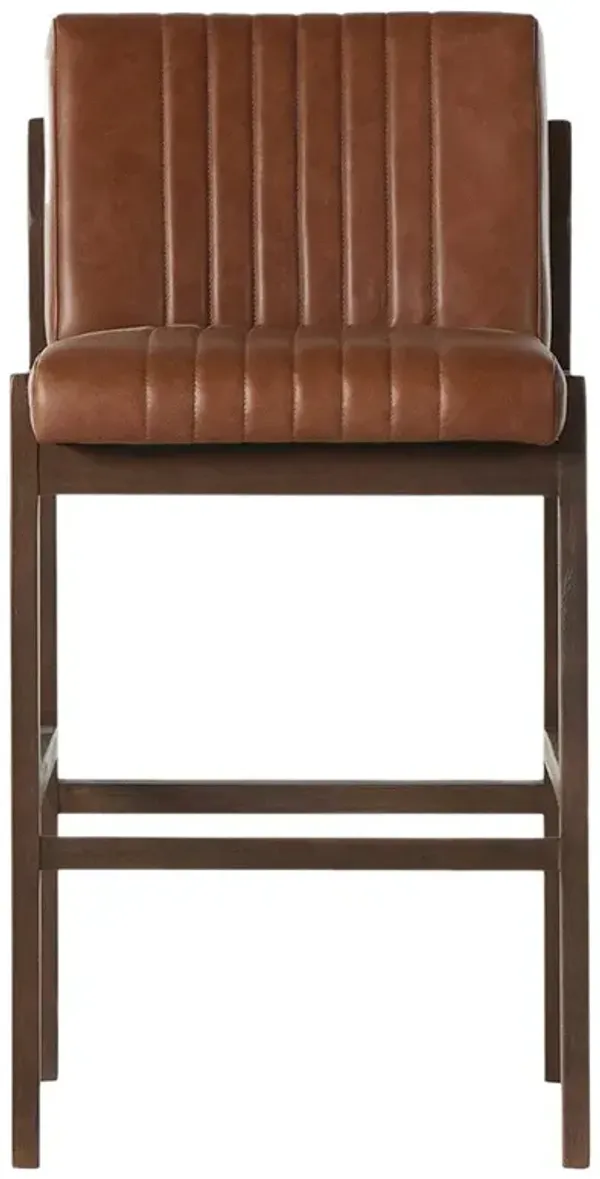 Ali Mid Century Modern Brown Leather Channel Tufted Wood Bar Stool