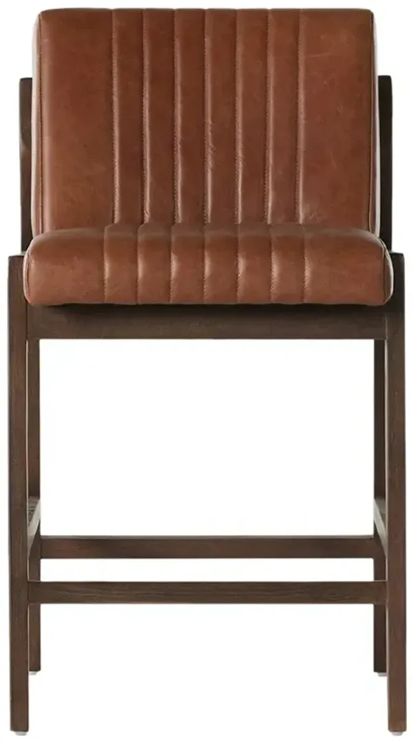 Ali Mid Century Modern Brown Leather Channel Tufted Wood Counter Stool