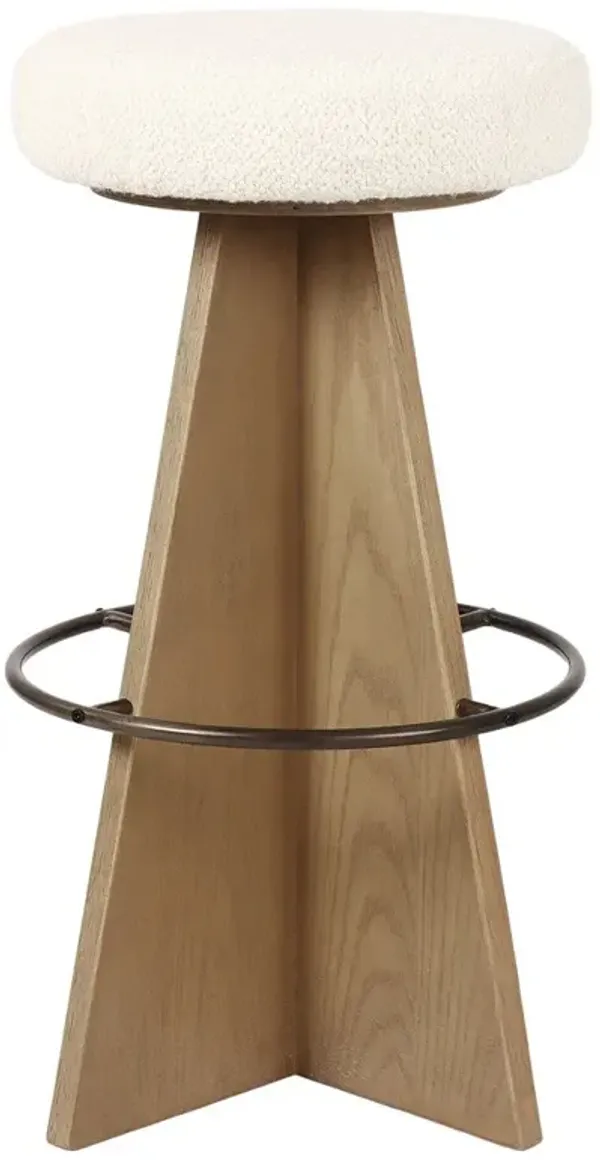 Donovan Mid Century Modern Cream Boucle Brown Oak Swivel Bar Stool