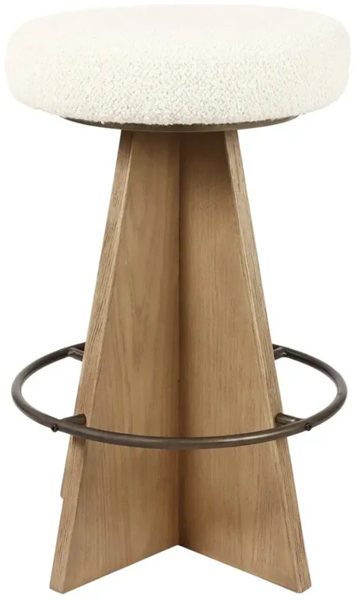 Donovan Mid Century Modern Cream Boucle Brown Oak Swivel Counter Stool