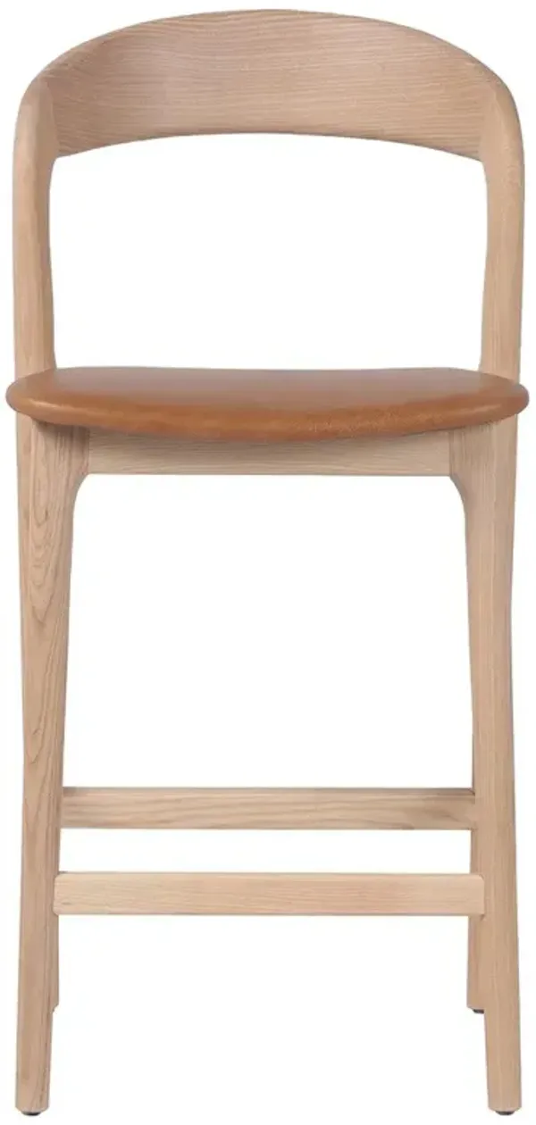 Nanda Modern Classic Tan Leather Upholstered Seat Natural Ash Wood Counter Stool