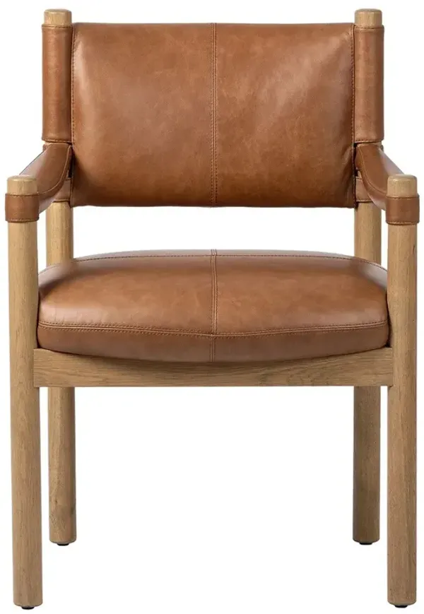 Anora Rustic Lodge Brown Leather Oak Wood Dining Arm Chair