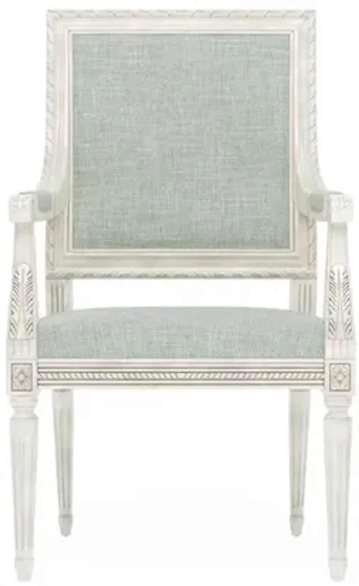 Marielle Spring Blue Textured Weave Vintage White Dining Arm Chair