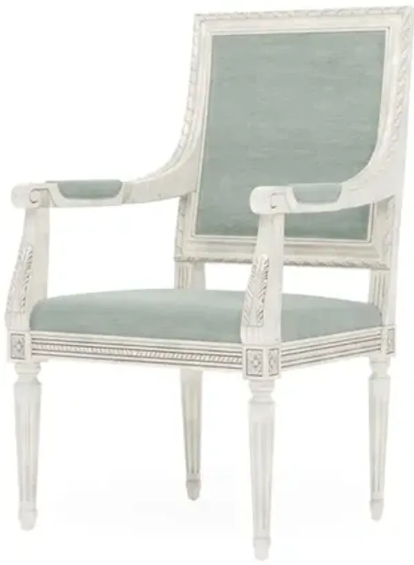 Marielle Sea Mist Velvet Vintage White Dining Arm Chair