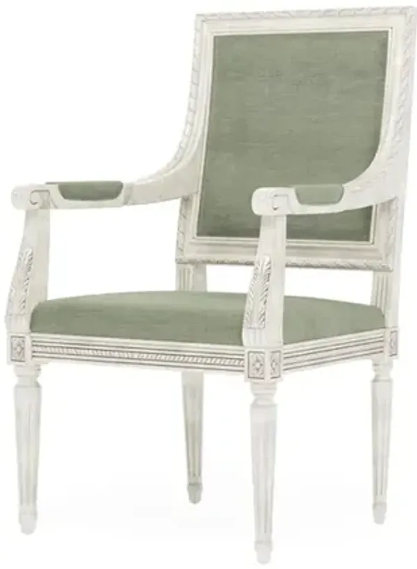 Marielle Lustre Verde Velvet Vintage White Dining Arm Chair