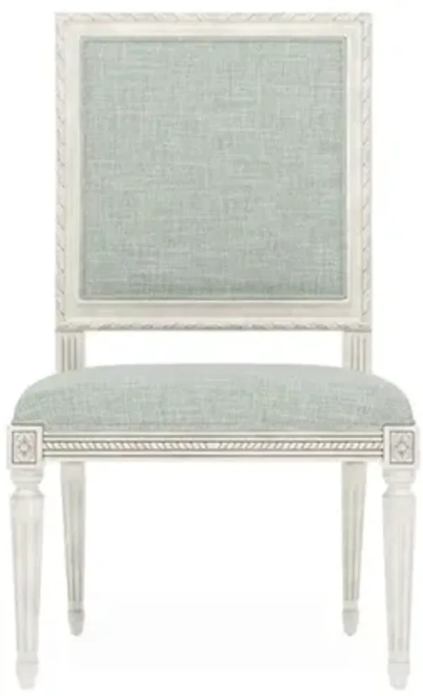 Marielle Spring Blue Textured Weave Vintage White Dining Side Chair