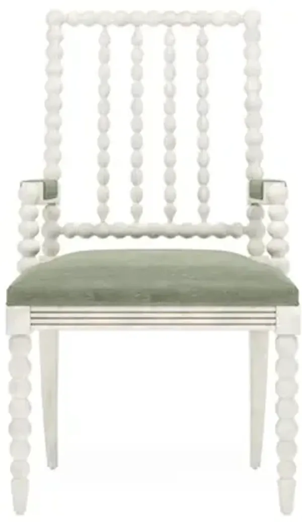 Sabinna Lustre Verde Velvet Vintage White Dining Arm Chair