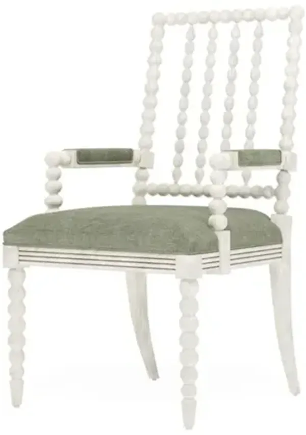 Sabinna Willow Green Velvet Vintage White Dining Arm Chair