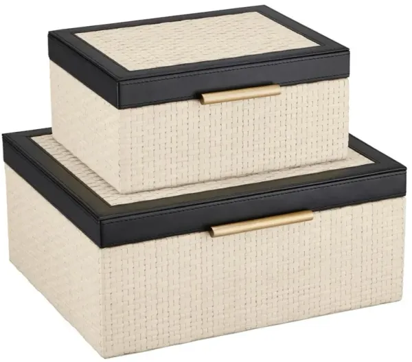 Deina Coastal Beach Black Leather Cream Woven Raffia Decorative Box - Set of 2