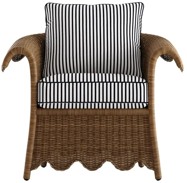 Cielo Coastal Navy Stripe Sunbrella Brown Woven Wicker Scalloped Outdoor Lounge Chair