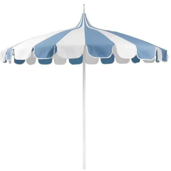 Lucille Light Blue and White Sunbrella White Aluminum Pagoda Umbrella