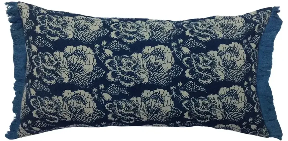 Ariella French Country Dark Blue Linen Floral Lumbar Pillow Cover - 15x28