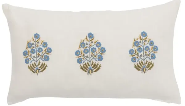Esme French Country White Linen Floral Lumbar Pillow Cover - 12x20