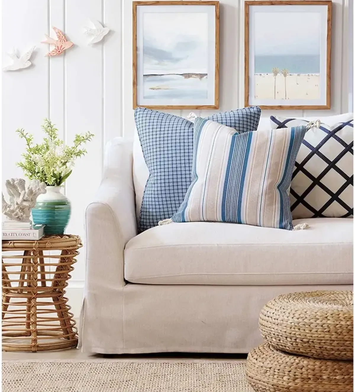 Myrthe Coastal Beach Blue Cotton Striped Decorative Throw Pillow - 20x20