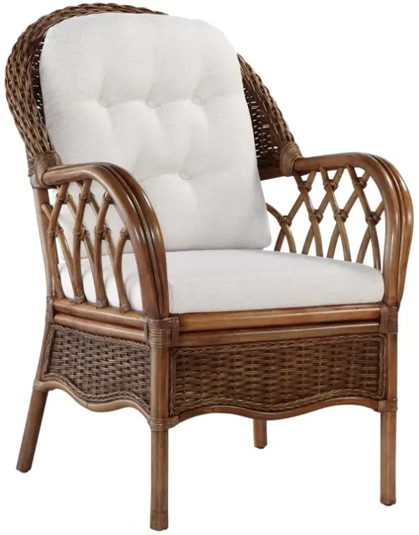 Harley Coastal Beach White Performance Dark Brown Woven Rattan Dining Arm Chair