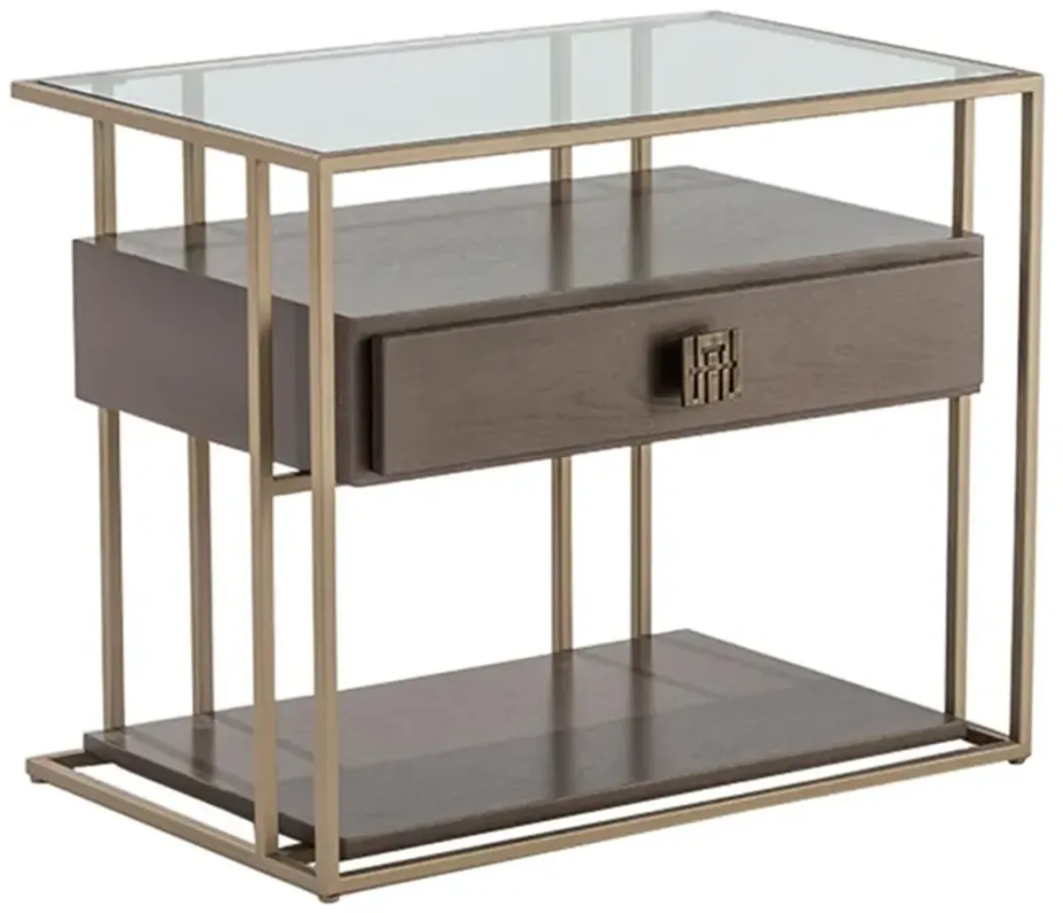 Adriana Hoyos Bolero Industrial Loft Glass Top Dark Brown Wood Bronze Nightstand Overstock