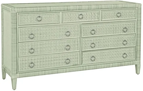 Kalea Coastal Beach Green Woven Rattan 9 Drawer Dresser