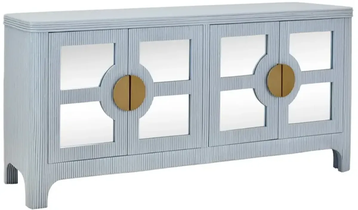 Worlds Away Opal Coastal Beach Light Blue Rattan Mirror Front Sideboard