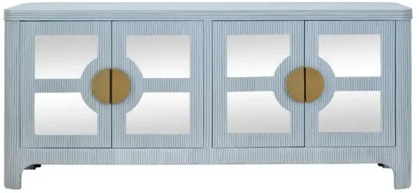 Worlds Away Opal Coastal Beach Light Blue Rattan Mirror Front Sideboard