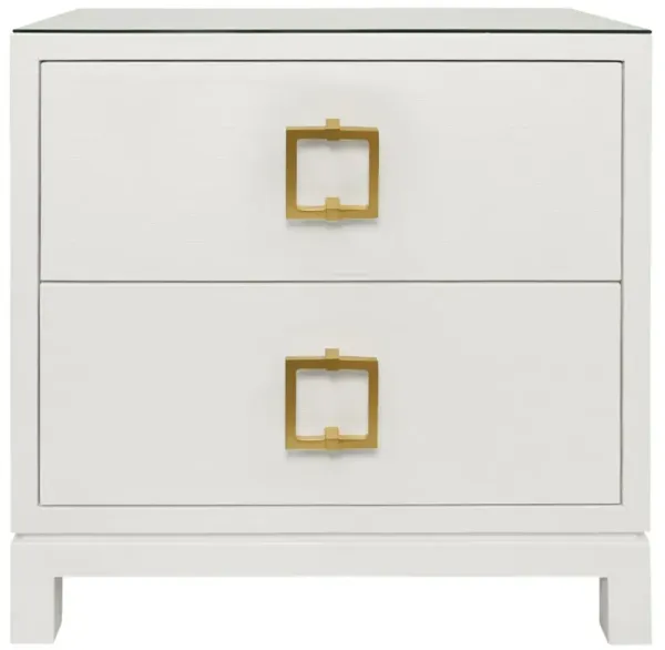 Worlds Away Cole Modern Classic White Textured Linen Brass Pull Nightstand