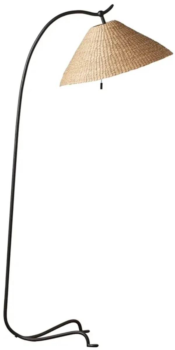 Camilla Coastal Seagrass Shade Black Iron Arched Floor Lamp
