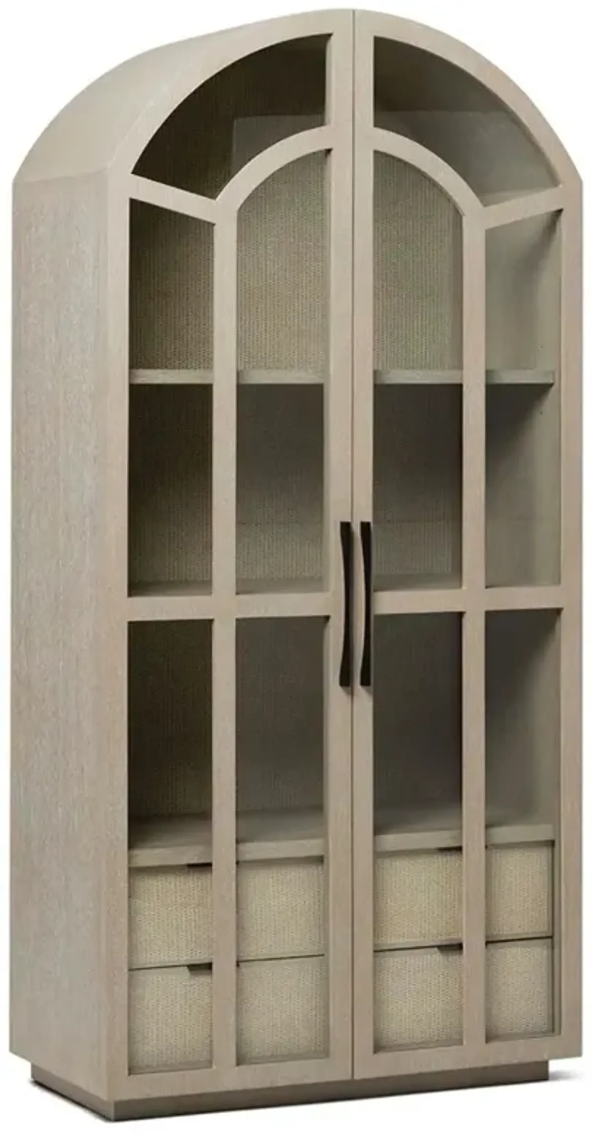 Claudine Modern Classic Cliffside Beige Wood Woven Rattan Arched Display Case