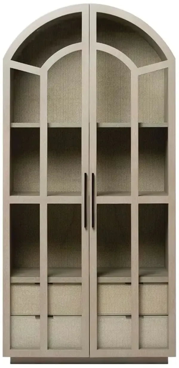 Claudine Modern Classic Cliffside Beige Wood Woven Rattan Arched Display Case