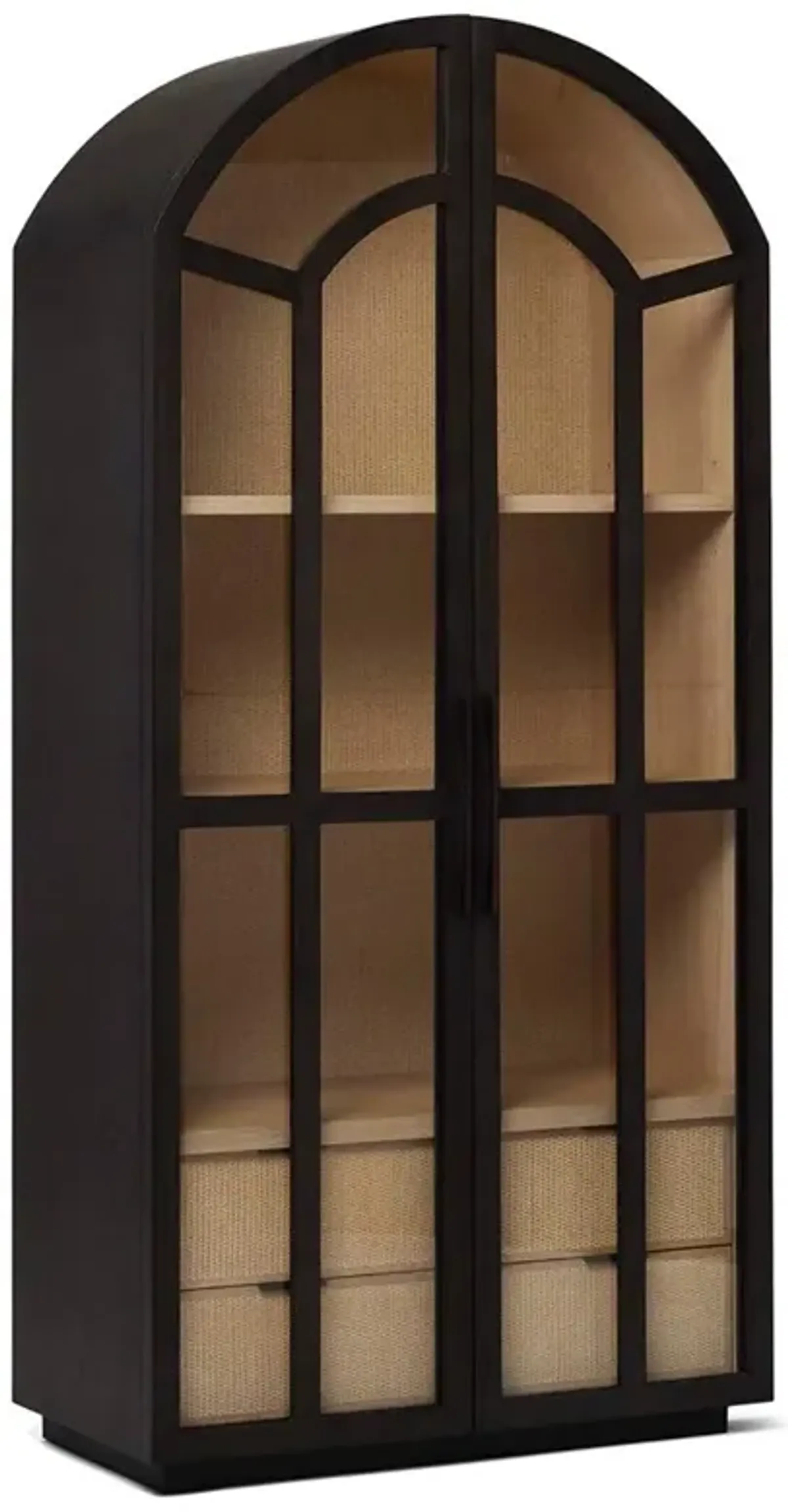 Claudine Modern Classic Coffee Black Wood Natural Woven Rattan Arched Display Case