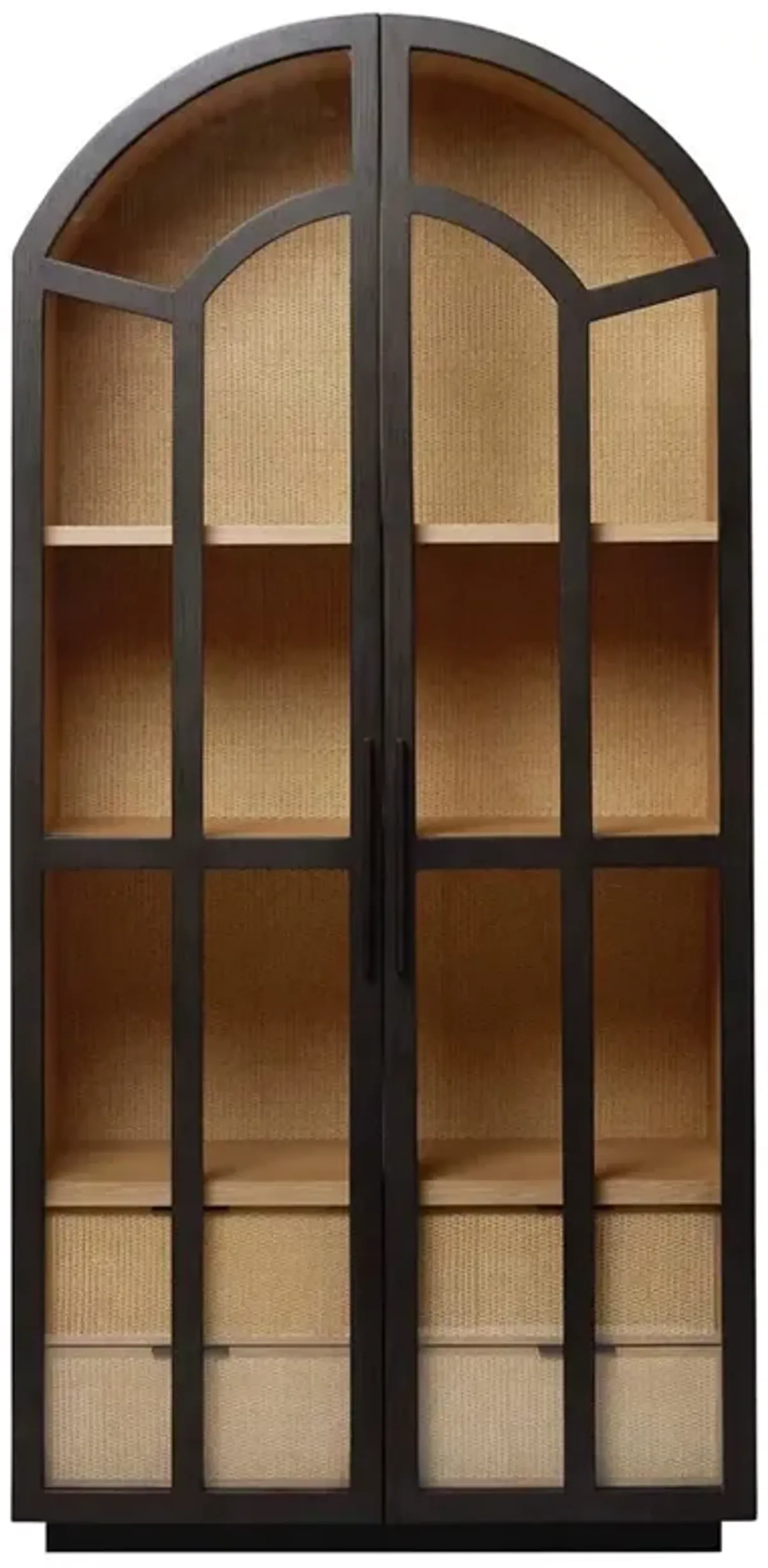 Claudine Modern Classic Coffee Black Wood Natural Woven Rattan Arched Display Case