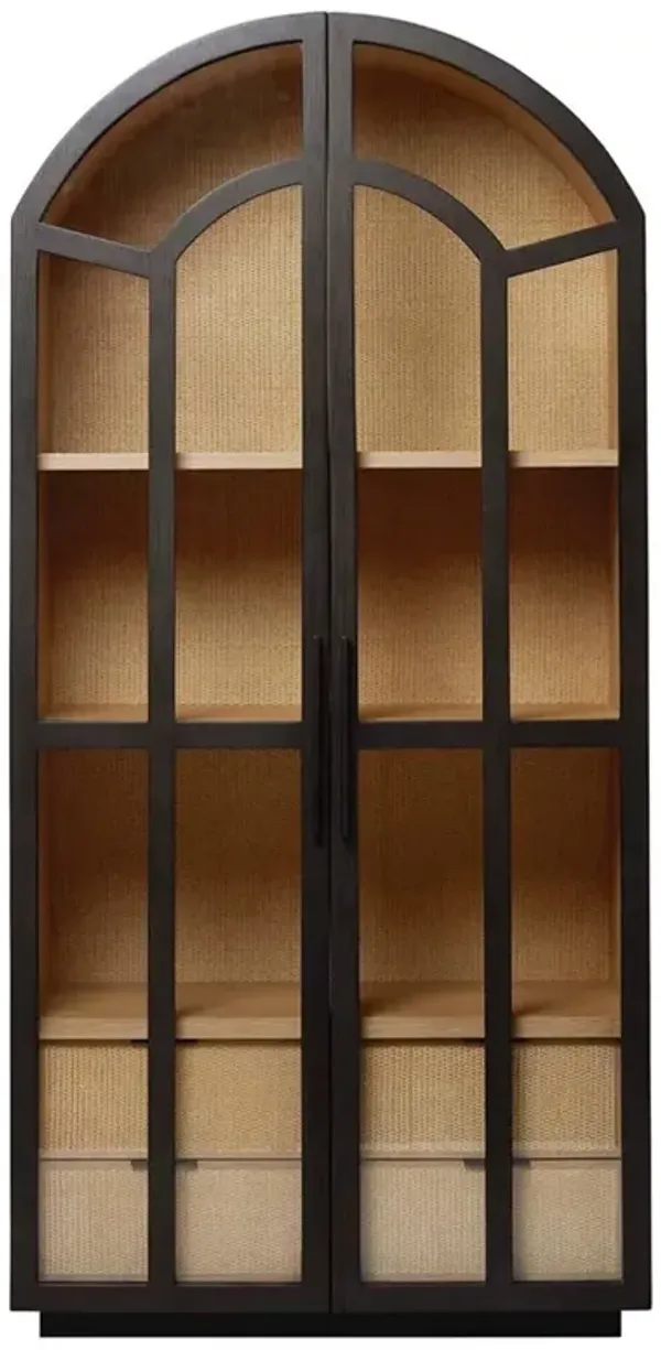 Claudine Modern Classic Coffee Black Wood Natural Woven Rattan Arched Display Case
