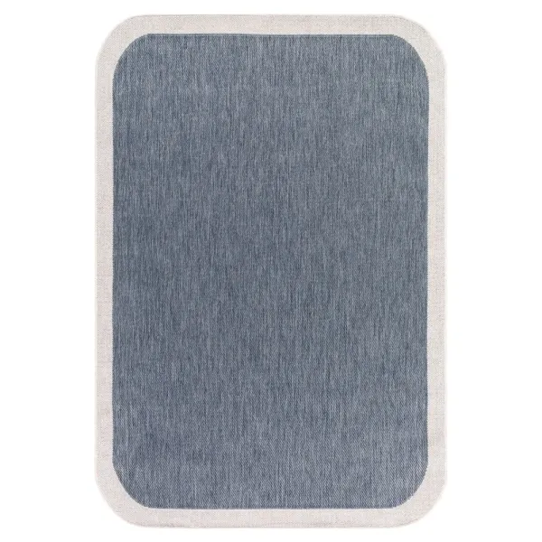 Salome Coastal Beach Blue Cream Border Indoor Outdoor Rug - 6'7"x9'