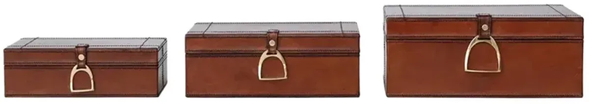 Charlee Traditional Brown Leather Rectangular Decorative Box - Set of 3