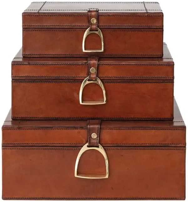Charlee Traditional Brown Leather Rectangular Decorative Box - Set of 3