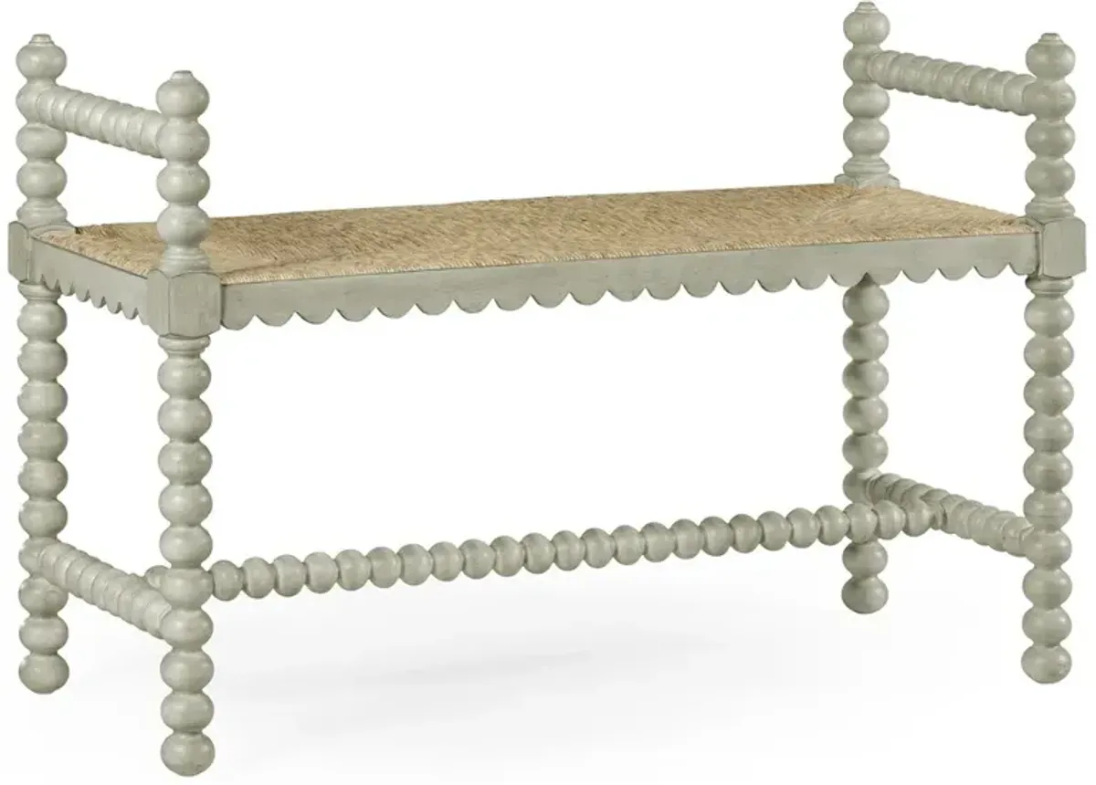 Harrison Updated Traditional Woven Rush Grey Wood Scalloped Bench
