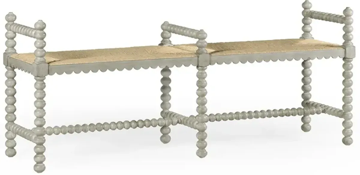 Harrison Updated Traditional Woven Rush Grey Wood Scalloped Double Bench