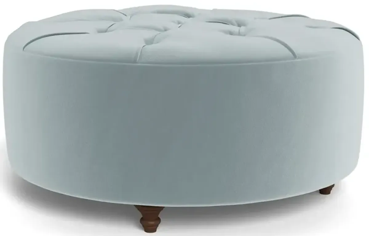 Davina Saltwater Blue Performance Velvet Round Ottoman - 42"