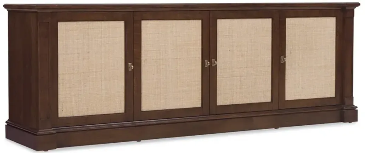 Alaine Updated Traditional Dark Brown Walnut Wood Woven Cane Media Console - 86"