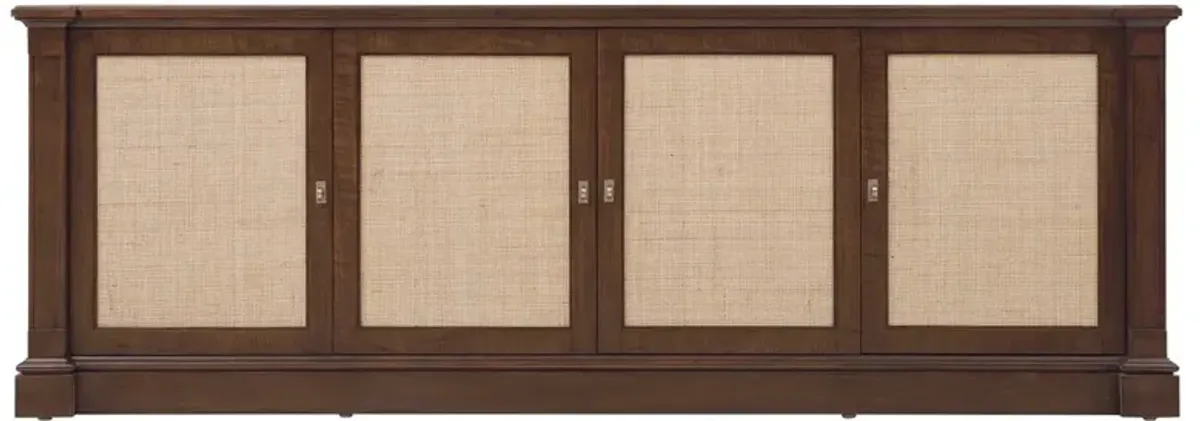 Alaine Updated Traditional Dark Brown Walnut Wood Woven Cane Media Console - 86"