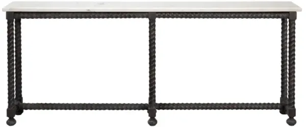 Stella Traditional White Marble Brown Acacia Rectangular Spindle Console Table