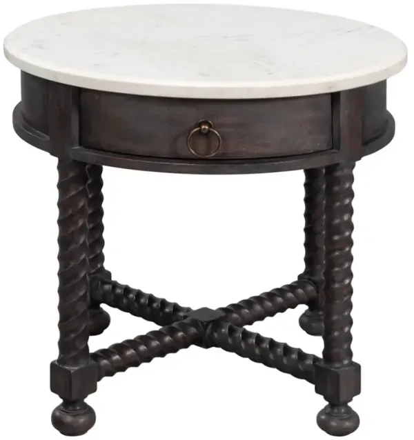 Stella Updated Traditional White Marble Brown Acacia Round Spindle Side Table