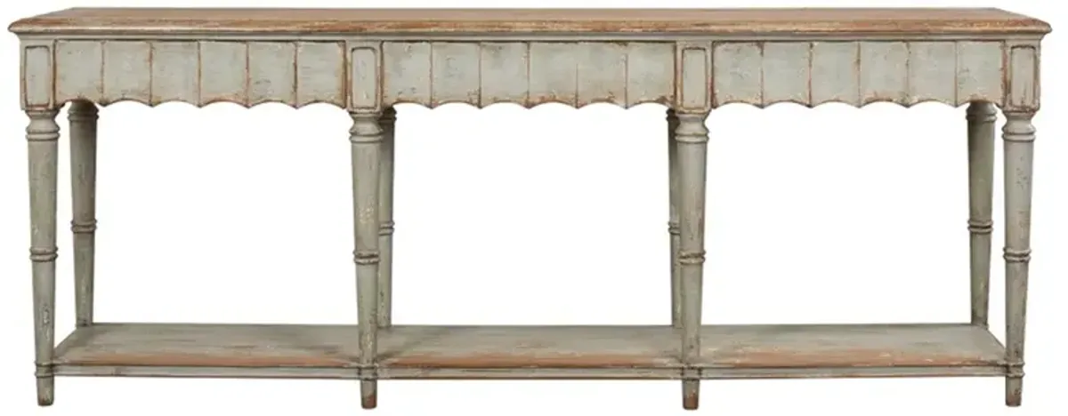 Clarise French Country Sage Green Pine Wood Rectangular Scalloped Console Table