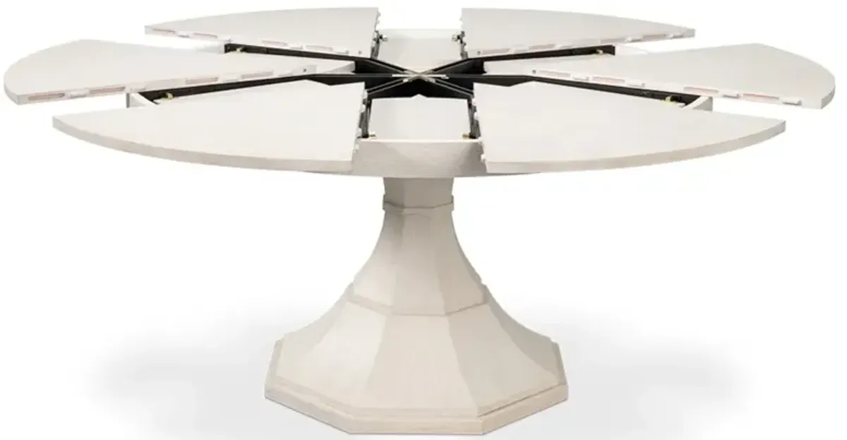 Faith Updated Traditional White Oak Round Extendable Jupe Dining Table - 66-85"