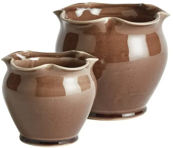 Marga French Country Brown Ceramic Ruffled Outdoor Planter - Set of 2