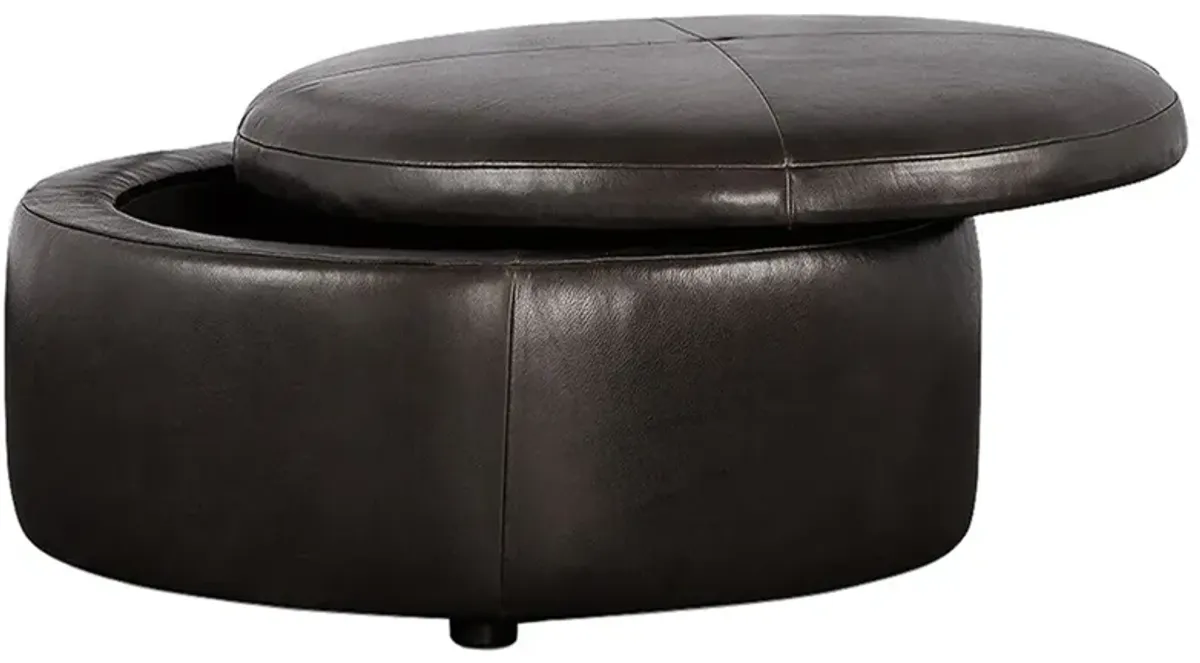 Holland Tobacco Leather Round Storage Ottoman - 30”