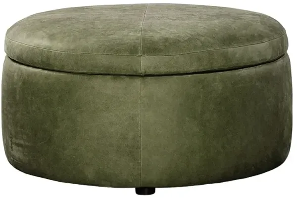Holland Kings Green Textured Leather Round Storage Ottoman - 30”
