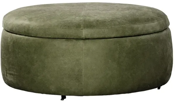 Holland Kings Green Textured Leather Round Storage Ottoman - 38”
