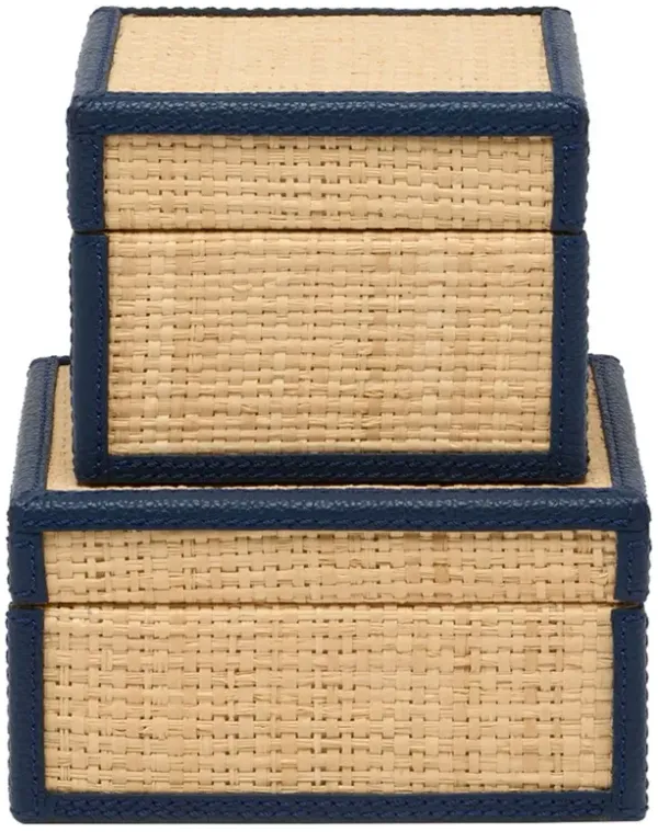 Pigeon and Poodle Hanford Coastal Natural Raffia Navy Blue Leather Trim Decorative Box - Set of 2